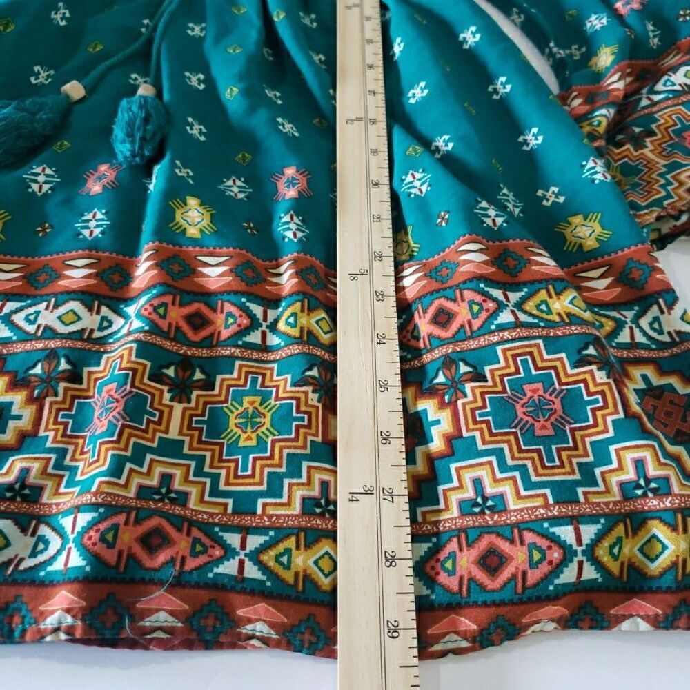 Boho Teal Green V-Neck Mini Dress Tie Waist Peasant Bell Sleeve Country Size M - Picture 9 of 11